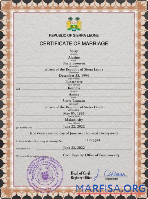 Printable Sierra Leone marriage certificate PSD template